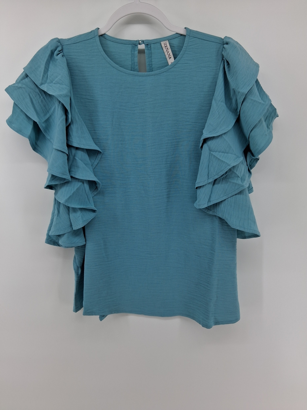 Zenana Dusty Teal Ruffle-Sleeve Round Neck Blouse Several Sizes Available